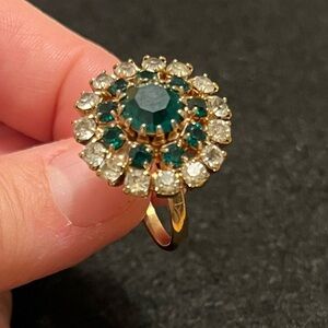 Vintage Emerald and Diamond Rhinestone Cluster Ring Adjustable